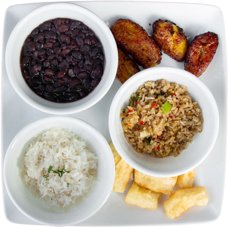 A selection of Papi’s Pollo sides including sweet plantains, black beans, white rice, yuca and arroz chaufa