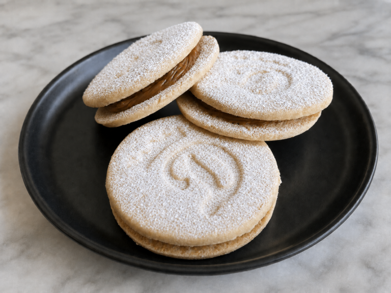Three stamped Papi’s alfajores with a fuller natural powdered sugar dusting on their top lids and dulce de leche filling