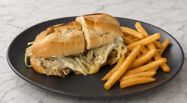 Papi’s chicken cheesesteak with melted cheese, onions and lettuce, served with French fries on a marble table